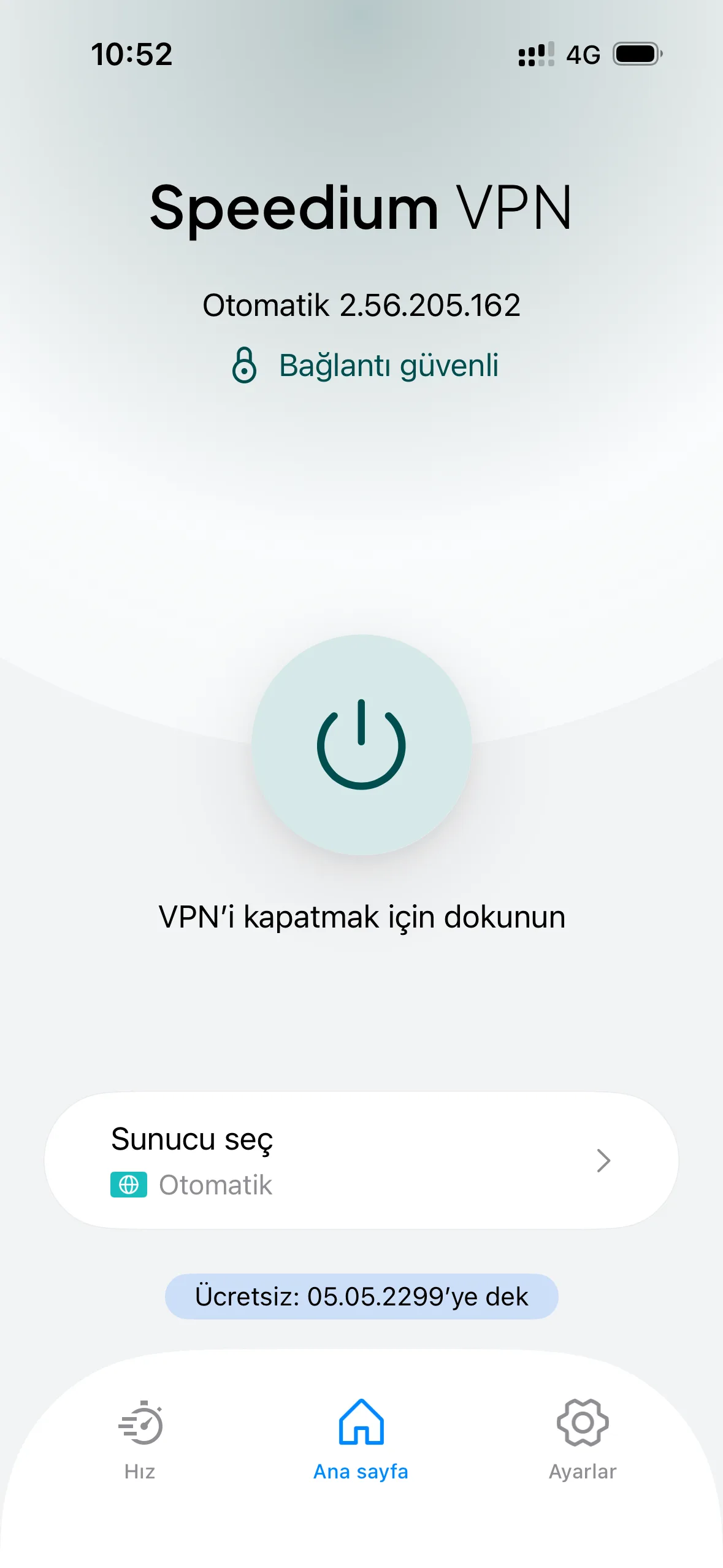 MyVPN iOS uygulaması bağlantı ekranı