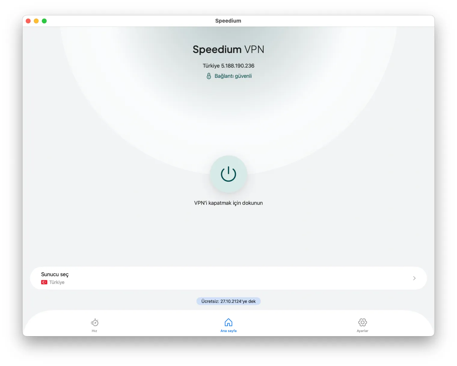 MyVPN uygulaması Türkiye sunucusuna bağlı: Türk IP adresi ve güvenli bağlantı